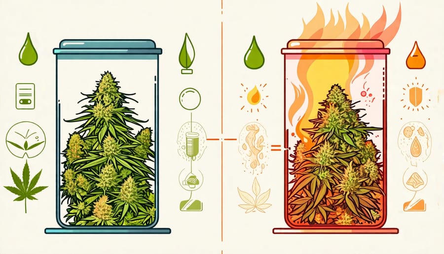 Diagram showing cannabis before and after the decarboxylation process