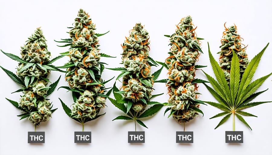 Different cannabis strains labeled with their THC content