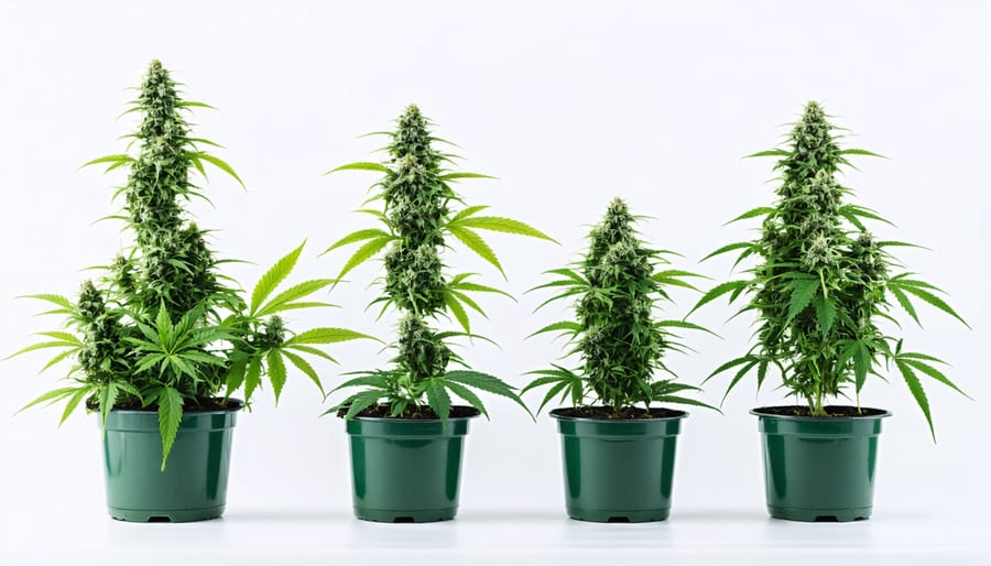 Different stages of cannabis cultivation with plants in a home-growing environment